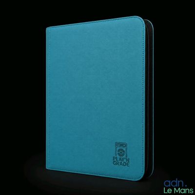 a close up of a blue book with a black background