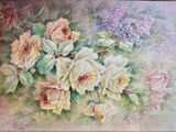 tableau représentant un bouquet de roses et de lilas dans un cadre en bois