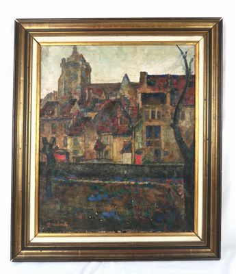 une peinture à l'huile représentant une ville avec une rivière en arrière-plan