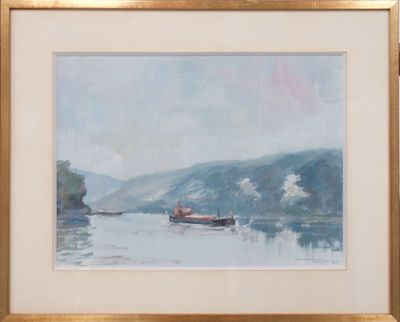 une image d'un tableau représentant un bateau sur l'eau