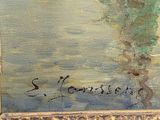 an oil painting of a man in a boat on the water