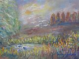 painting of a painting of a boat in a river surrounded by tall grass and trees