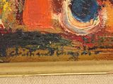 a painting of a vase with a blue flower in it