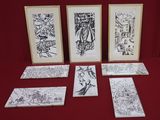 six dessins encadrés représentant des personnes et des animaux sur un fond rouge