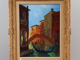 an oil painting of a bridge over a canal with buildings in the background