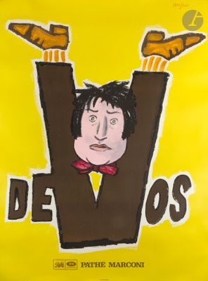 painting of a man with his hands up in the air with the word de vos written on it