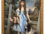 an image of a painting of a girl with a dog and a basket of flowers