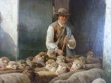 a painting of a man tending to a flock of sheep
