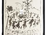un dessin en noir et blanc représentant un groupe de personnes dans une forêt