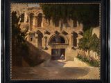 une peinture à l'huile représentant un bâtiment devant lequel passe une femme