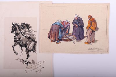 deux dessins représentant des personnes à cheval, ainsi qu’un homme et une femme à cheval