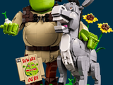 a statue of a man and a donkey with a sign