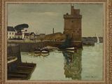 peinture d'une vue d'un port avec des bateaux dans l'eau