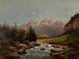 un tableau représentant un ruisseau de montagne qui traverse une vallée