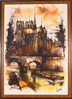 painting of a painting of a castle on a bridge over a river