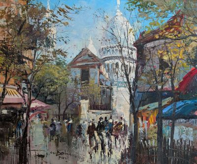 une peinture à l'huile représentant des personnes marchant dans une rue d'une ville
