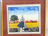 painting of a woman in a blue dress and hat walking through a field of yellow flowers