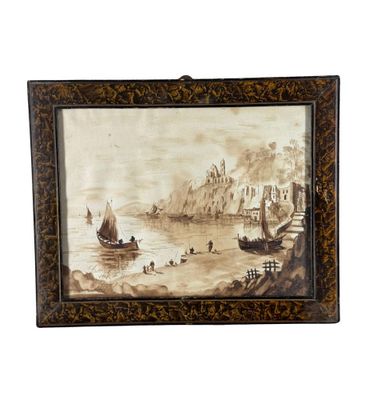 une vieille photo représentant un tableau montrant des bateaux sur un plan d'eau