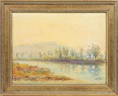 a painting of a river scene with trees in the distance