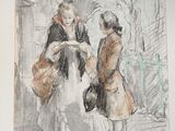 drawing of two children talking to each other on a sidewalk