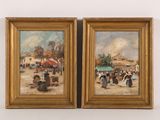 pair of oil paintings of people on a beach with umbrellas