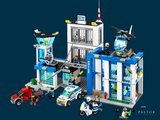 a lego police station with a police car and a motorcycle