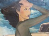 a painting of a woman with a car in the background