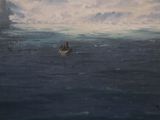 a painting of a boat in the middle of the ocean
