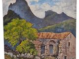 une peinture représentant un vieux bâtiment en pierre avec une montagne en arrière-plan