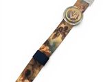 a close up of a wrist watch with a painting on it
