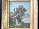 an image of a painting of a landscape with trees and a river