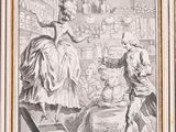 drawing of a woman and a man in a shop with a cat