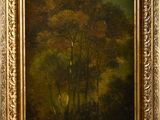 an oil painting of a wooded landscape with trees in the foreground