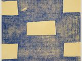 an abstract blue and yellow painting with squares on it