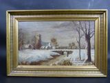 un tableau représentant un paysage enneigé avec une église en arrière-plan