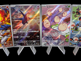 five different pokemon trading cards are displayed on a black background