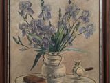 painting of purple flowers in a vase on a table with a clock
