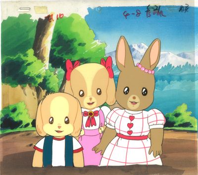 Trois lapins de dessin animé sont debout les uns à côté des autres devant un lac.