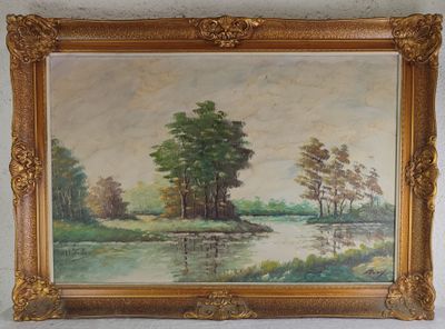 an image of a painting of a river with trees in the background