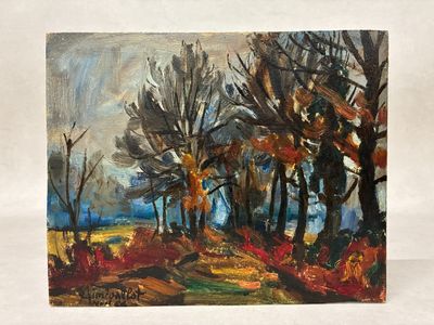 tableau représentant un tableau d'arbres dans un champ, avec le ciel en arrière-plan
