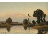 an image of a painting of a river with a windmill in the distance