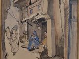 tableau représentant un homme et une femme assis dans une entrée, en compagnie d'un chien