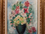 une peinture à l'huile représentant un vase de fleurs sur une table