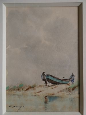 an image of a painting of a bird sitting on top of a sandy beach