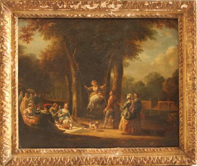 tableau représentant un groupe de personnes dans un décor boisé, avec un homme à cheval au premier plan