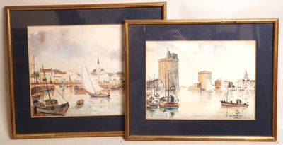 deux tableaux encadrés représentant des bateaux dans un port, avec une tour horloge en arrière-plan