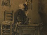 tableau représentant une femme assise à une table devant un miroir