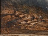 a picture of a painting of a man and a dog on a rocky hill