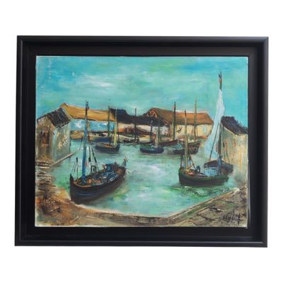 a painting of a harbor scene with boats in the water