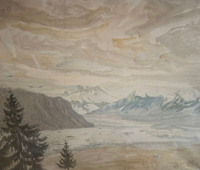 a picture of a painting of a mountain scene
